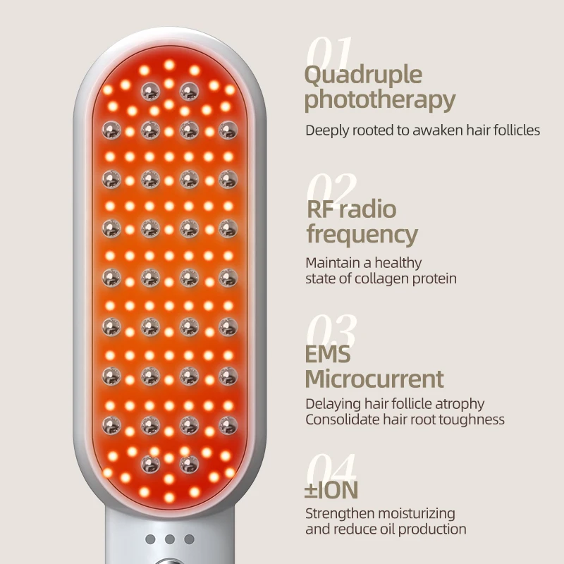 High-End Rechargeable Electric Hair Comb 4 Colors LED Light Therapy EMS Ion RF for Enhanced Hair Growth and Styling
