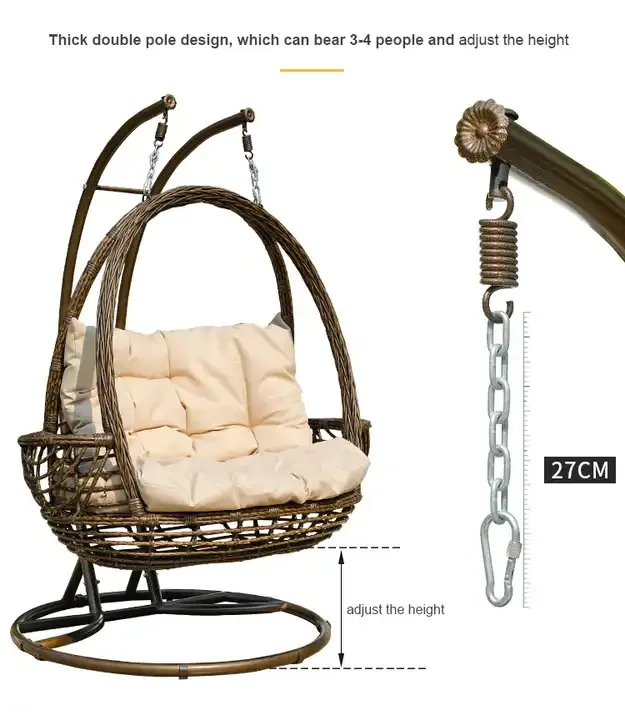 [ZUOAN IMPRESSIVE]Outdoor Iron Metal Hanging Wicker Double Seat Basket Rattan Patio Swing Chair