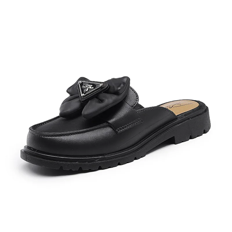 2023 New Black White Fashion Bow Button Loafers Women Chunky Shoes Slip on Spring Summer Female