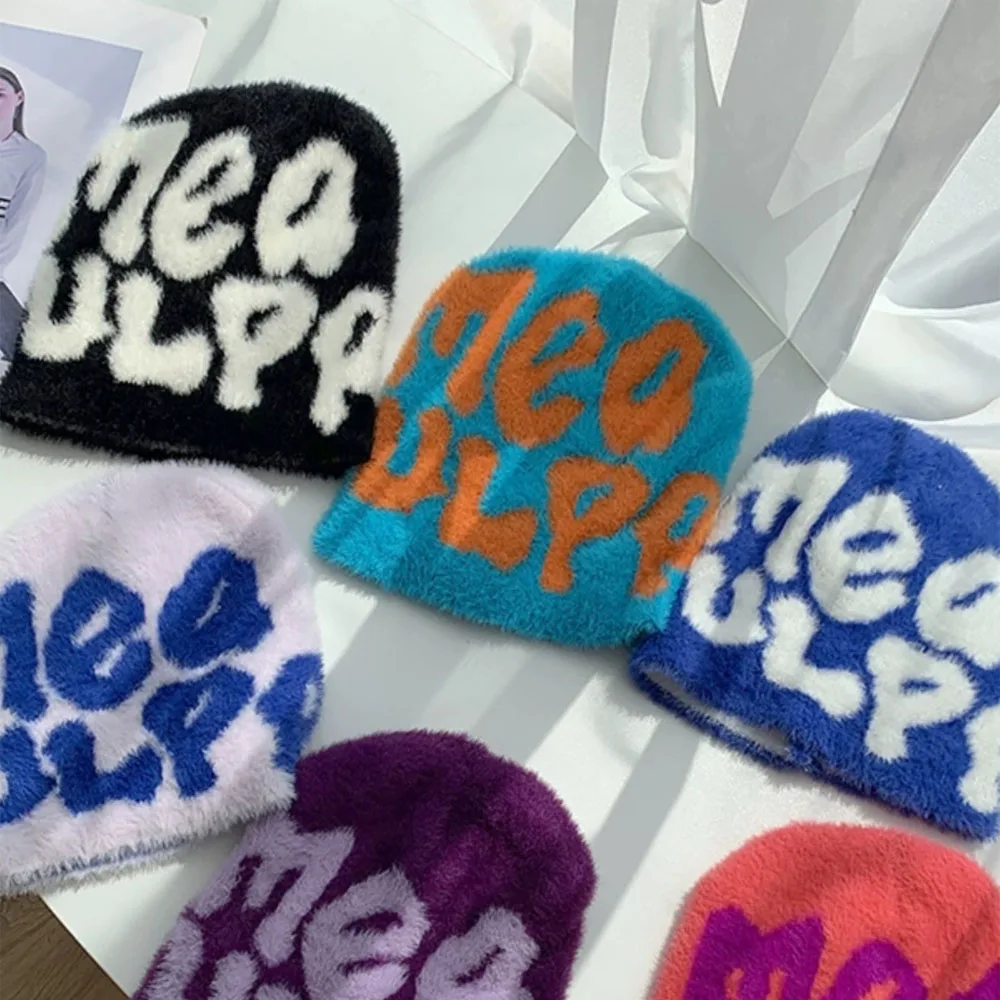 OEM  Y2K Beanies Fur beanie hat Custom Logo Acrylic Knit Premium Cashmere Wool Jacquard Mohair Beanie