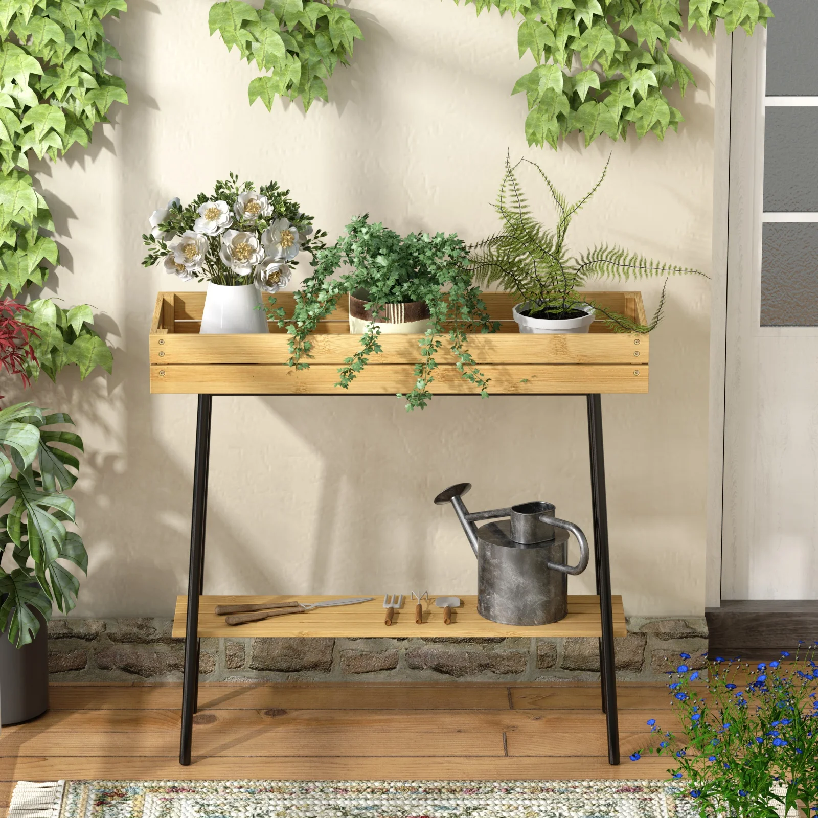 Custom Bamboo Wood Outdoor Garden Flower Planter Bench Metal Elevated Vegetable Boxes Stand 2 Tier Raised Garden Box For Outdoor