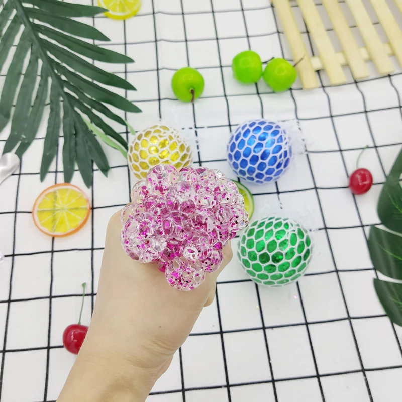 6.0CM Sequin TPR Gold powder Grape Ball Custom Kids Mesh Water Beads Vent Grape Toy Fidget Stress Ball