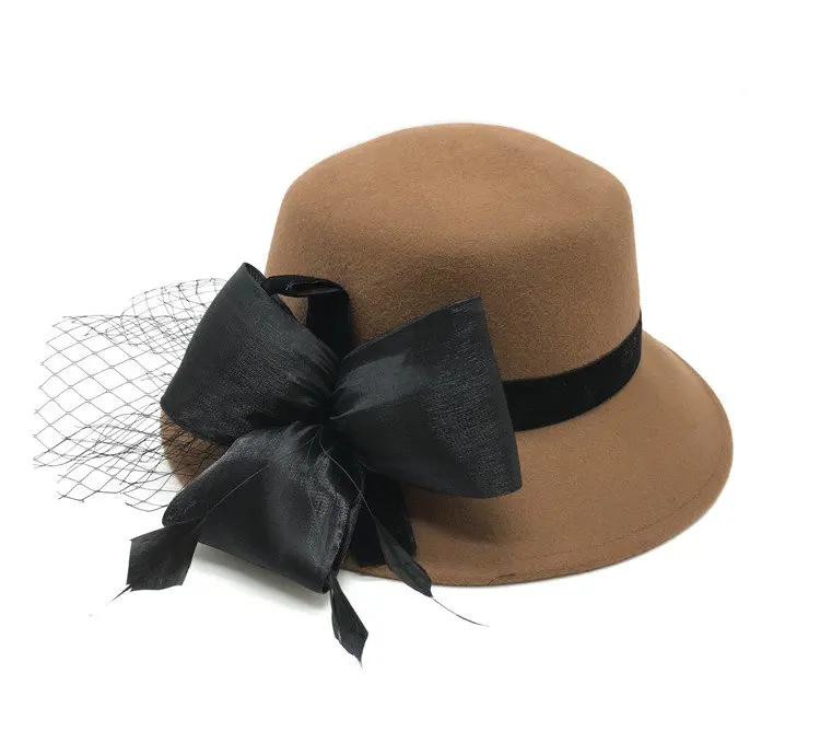 Newest Design Ladies Trendy Flat Brim Wedding 100% Wool Felt Church Hat With Flower Bow Women Girl Woolen Cloche Sun Hats