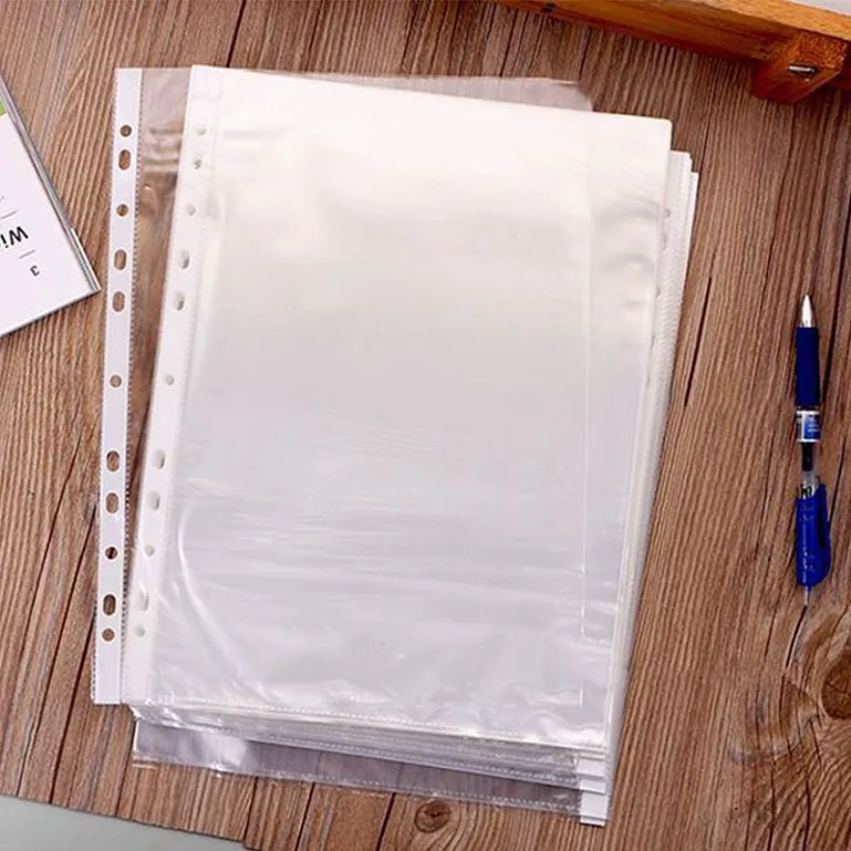100pcs A4 Clear Plastic Punched Pockets Folders Filing Wallets Sleeves Untral Thin 11holes Loose Leaf Documents Sheet Protectors