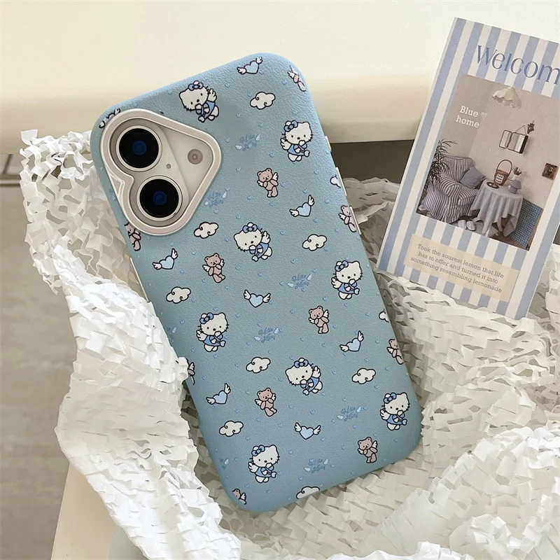 Fashion Girl Cartoon Drum Bag Full Powder Blue Cat Shockproof Mobile Phone Accessories Cover Case For iPhone 13 14 15 16 Pro Max
