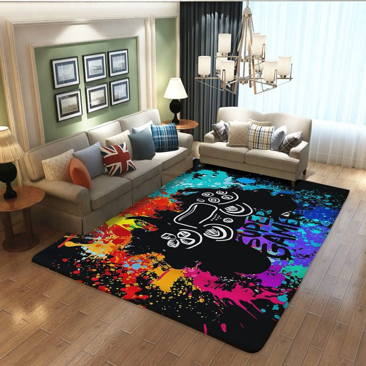 Gamer Rugs for Bedroom Boys Teens Printed Game Gamepad Carpets Living Room Mat Home Decor Non-Slip Crystal Floor Polyester Decor