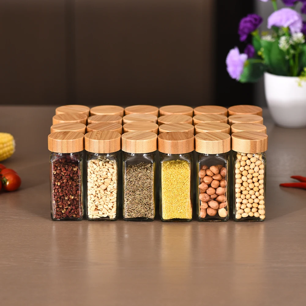 Spice Jars With Labels 4 Oz Glass Spice Jars With Bamboo Lids, Seasoning Storage Bottles For Spice Rack, Cabinet, Drawer