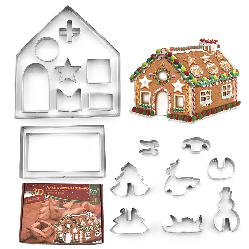 18 Pcs Set DIY Gingerbread House Biscuit Mold Cutter Stainless Steel Christmas Cookie Cutters Set For Kitchen Baking