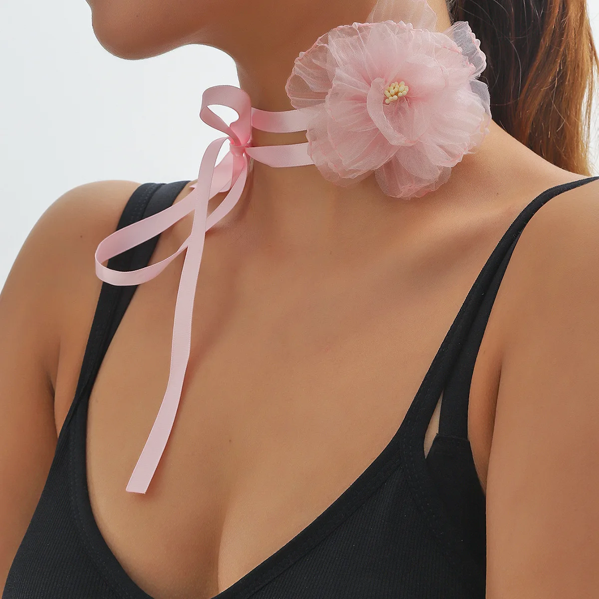DIY 9.5cm Fabric Rose Pink White Lace Flower Pendant Choker Neckband Sexy Accessories Satin Necklace For Women Wedding Party