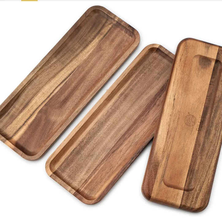 Hot Selling Custom Set of 3 Solid Wood Serving Trays Rectangular Wooden Serving Tray with Brown Marble Metal for Food Wholesale
