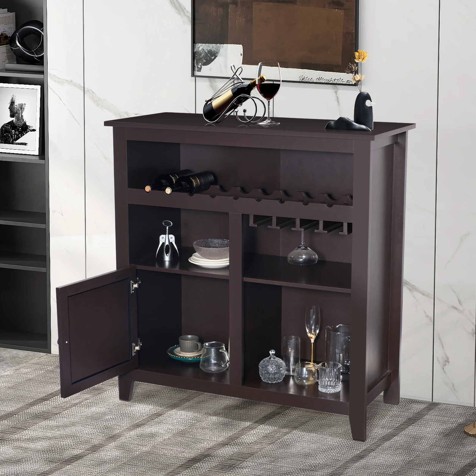 Wine Cabinet Bar Storage Cabinet with Wine Rack & Open Doors Buffet Sideboard for Kitchen Dining Room Living Room
