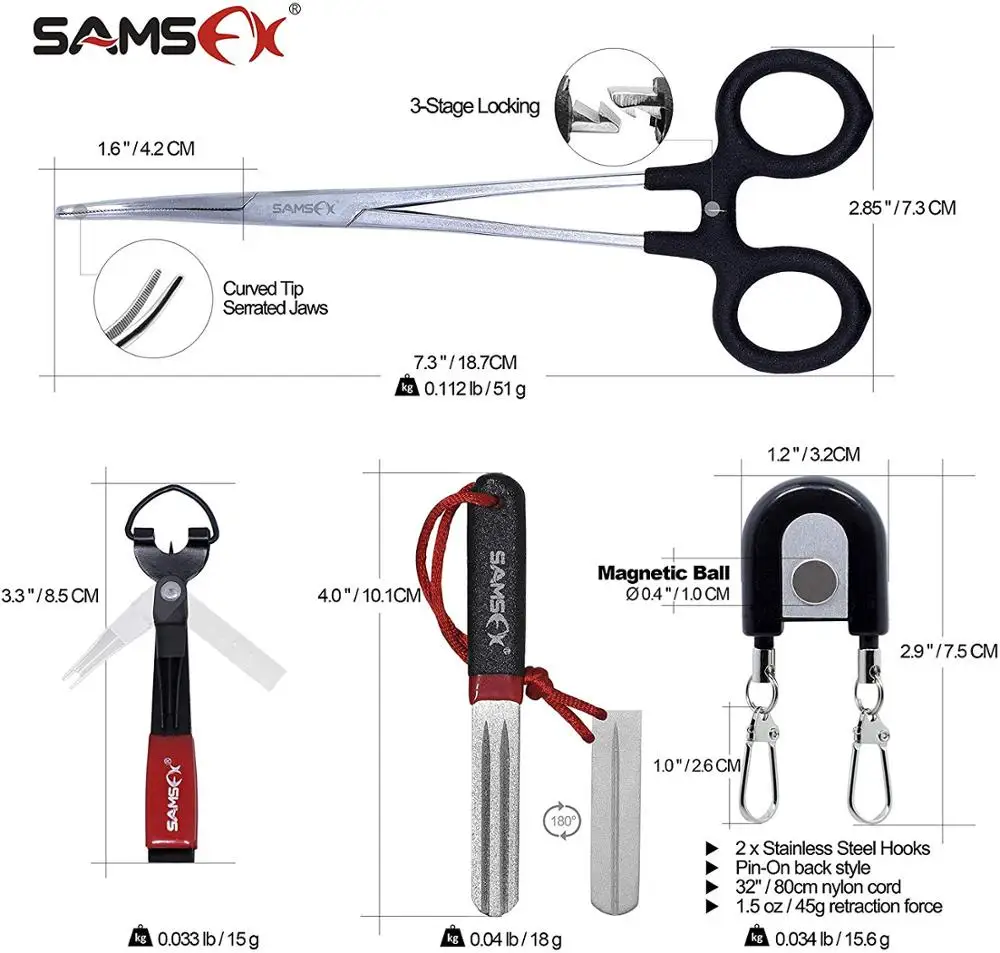 
SAMSFX Fishing Dual Head Zinger Line Nippers Forceps Coiled Lanyard and Dual Grooves Hook Sharpener Fly Fishing Vest Tools Kit 