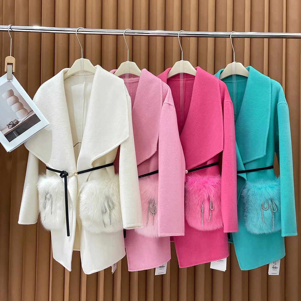 Hot Sale Elegant Luxury Double Faced Fabric Hand Stitched Wool Cashmere Coat Ladies Solid Color Belted Fur Coat With Pockets