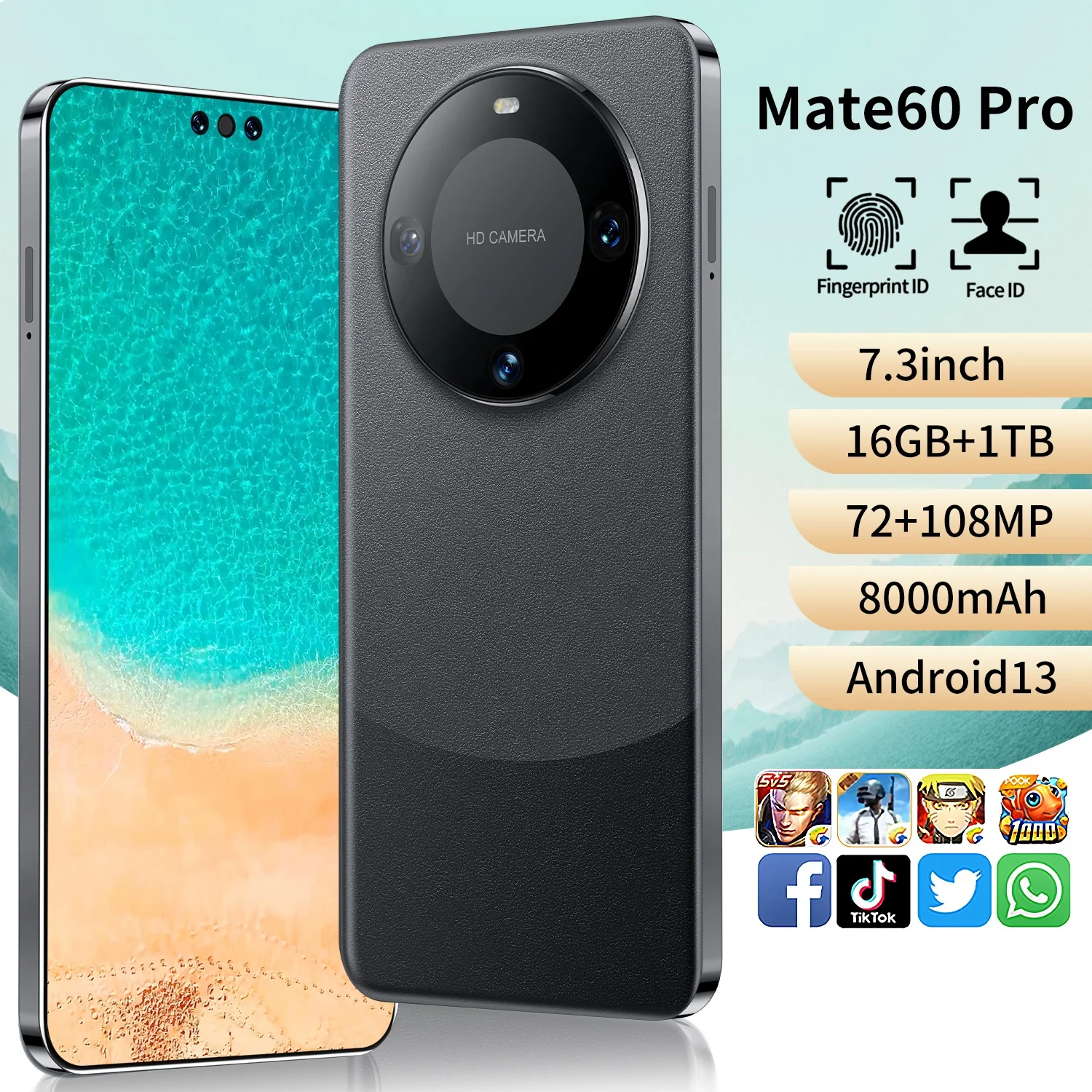 Mate 60 Pro 7.3 inch full screen global version mobile phone 16GB+1TB cell phone Android 10.0 face unlock 4G&5G smartphone