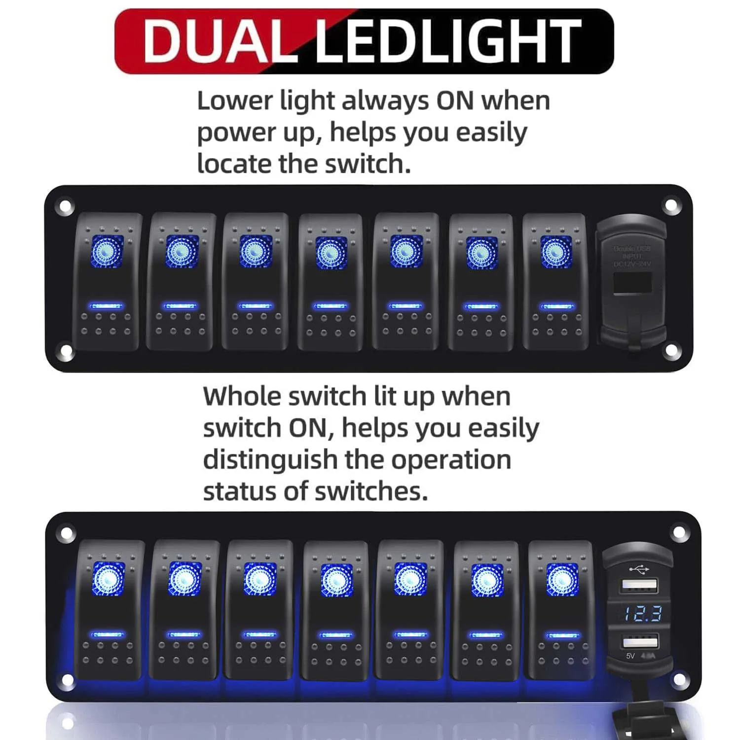 7 Gang Aluminum 5 Pin ON/OFF Toggle Rocker Switch Panel Switch 12V-24V Blue LED Dual USB Charger Voltmeter for Boat RV Trucks