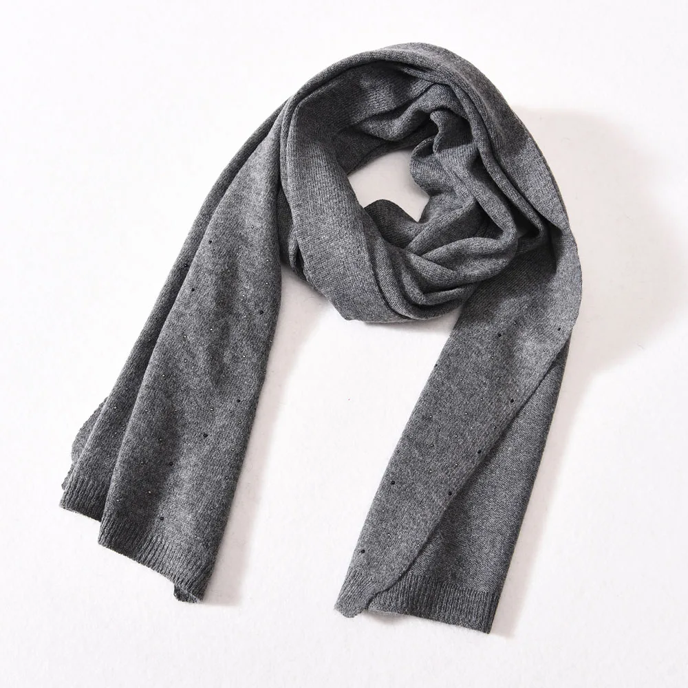 Winter Wholesale New Style Pure Color Shawls Shiny Rhinestone Design High Quality Cashmere Custom Long Scarf Knit