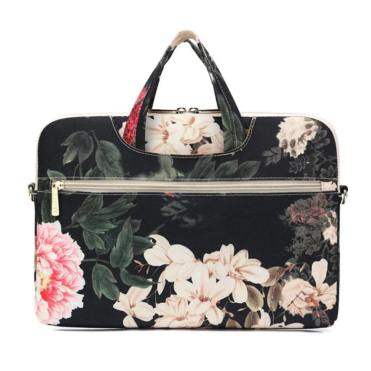 Business Diagonal Black Peony Patten Waterproof Portable Compatible Vertical Case Briefcase Shoulder Computer Laptop Sleeve Bag