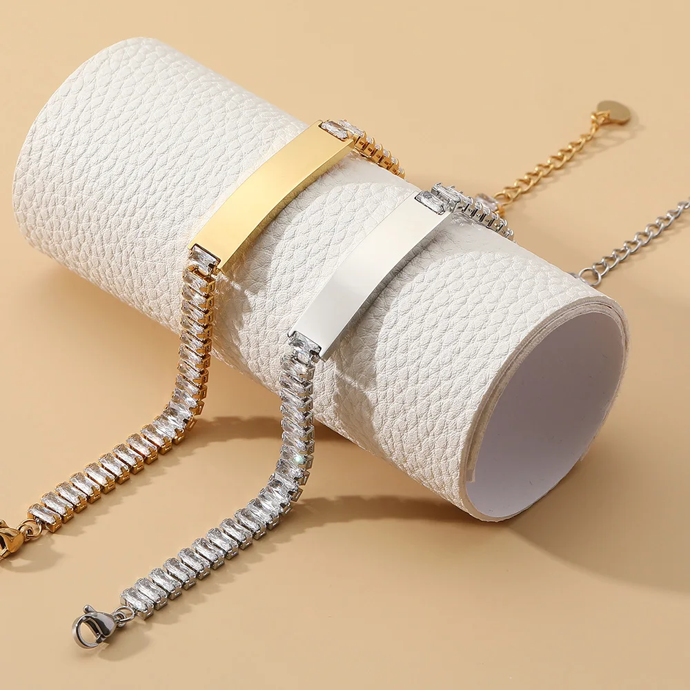 Custom Name Logo Jewelry 18K Gold Plated Blank Stainless Steel Zircon Tennis Chain Engraved Bracelet For Women