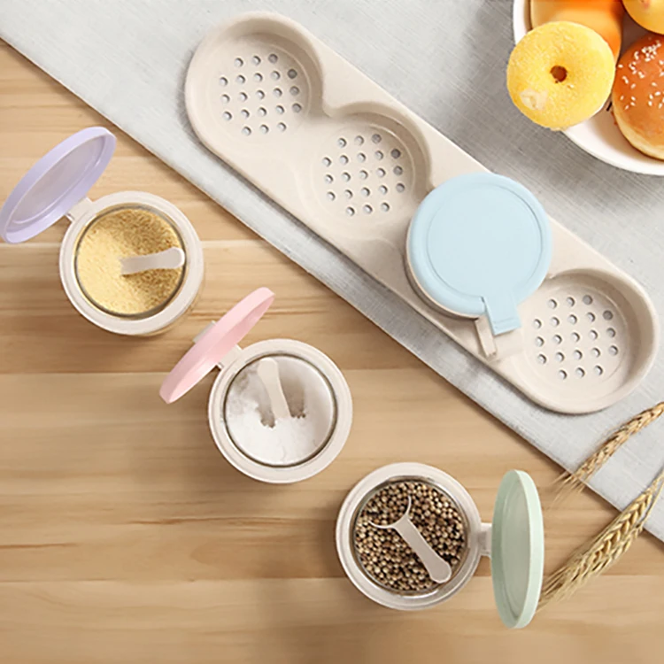 Kitchen wheat fiber 300ml*4  salt pepper sugar storage box condiment container cruet set glass seasoning jar with spoon