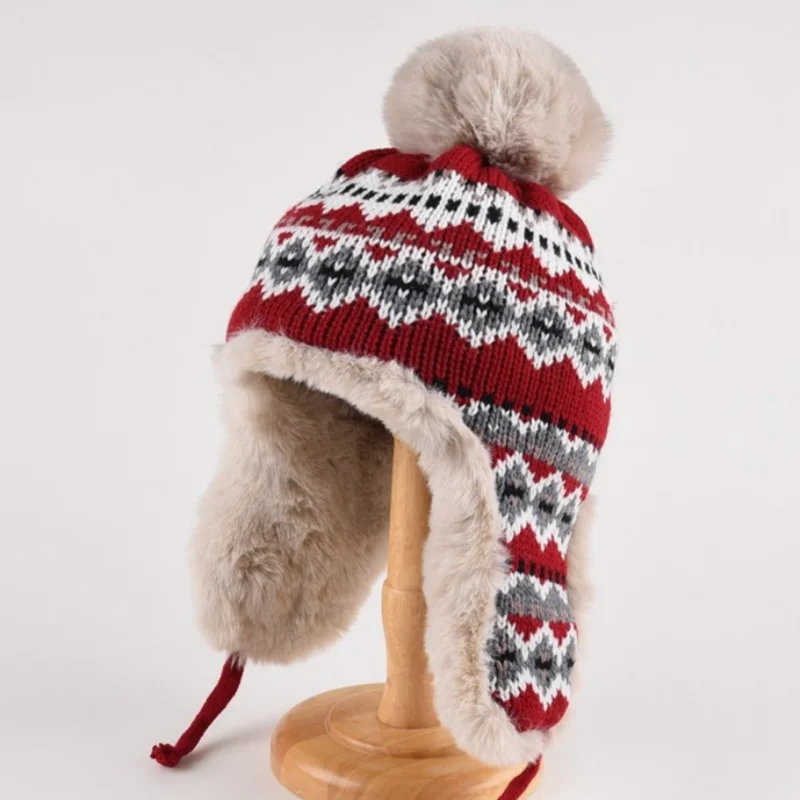 Winter Cycling Pom Hat With Warm Faux Fur Earmuffs Thick Plush Windproof Ear Protection Knitted Beanies Ski Cap Designer Logo