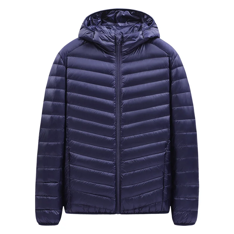 Athletic Lightweight White Hooded Duck Down Jacket For Mens Front Zipper Up Packable Insulated Quilted Coat