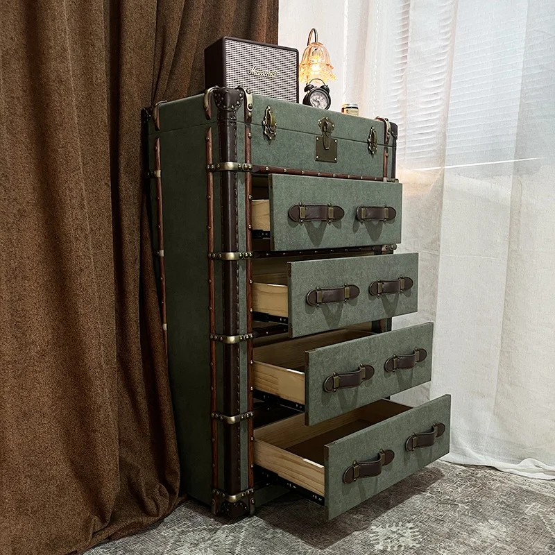 American Retro Style Leather Box High Bucket Cabinet Living Room Middle Ancient Entrance Cabinet Designer Storage Cabinet