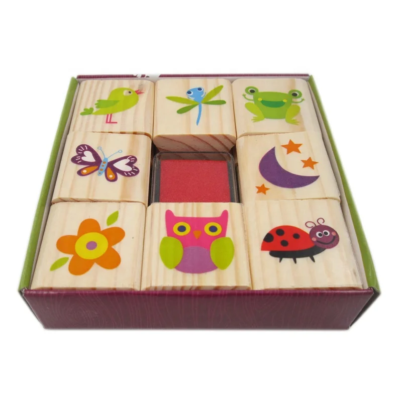 Square Wood Cartoon Stampers High Quality Nature Wood Animal Stamper For Kids With Mini Ink Pad