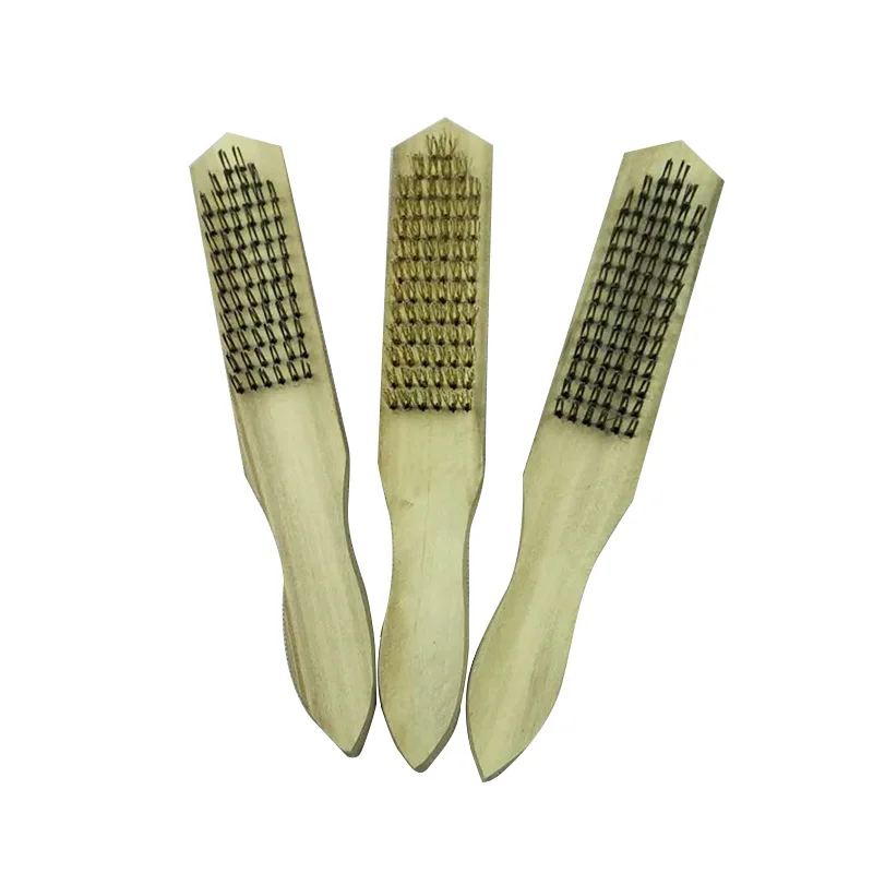 Wholesale 26cm Wooden Handle Brass Plated Brush Steel Brush Metal Rust Removal Cleaning Iron Brush Stainless Steel Wire