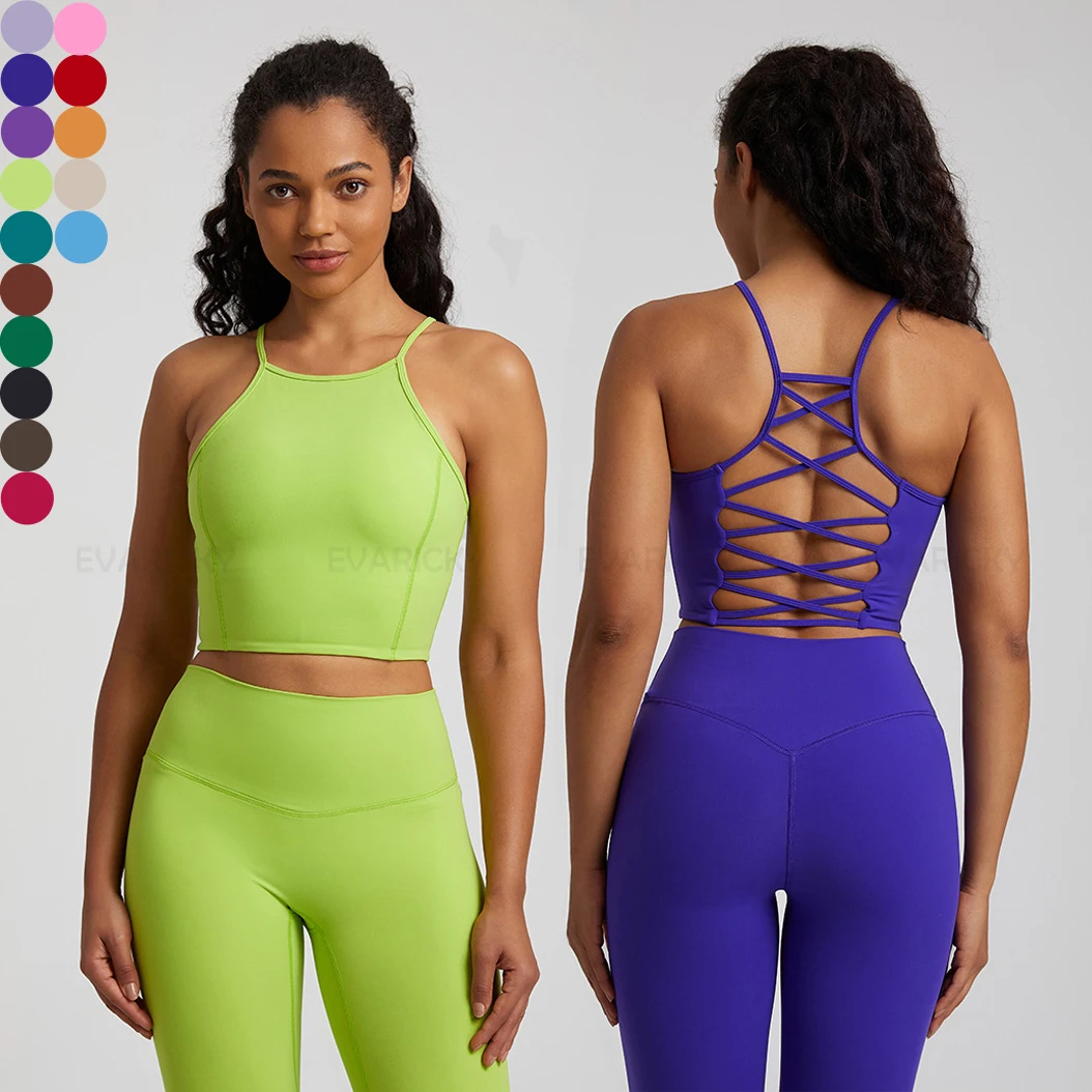 Wholesale Super Soft Nude Fabric Back Hollow Out Cross-Strap Yoga Crop Top Gym Wear Fitness Workout Top Sports Bra For Women