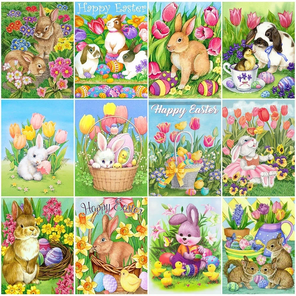 LS Wholesale DIY 5D Full Drill Diamonds Painting Kits Rabbit Easter Day Diamond Mosaic Embroidery Flower Tulips Home Decor Child