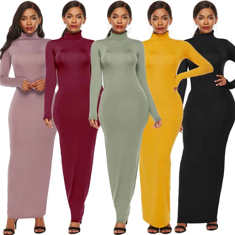 S-5XL Luxury Solid Color Long Dress Long Sleeve Stretch Bodycon Tie Dye Turtleneck Women Casual Dresses Ladies