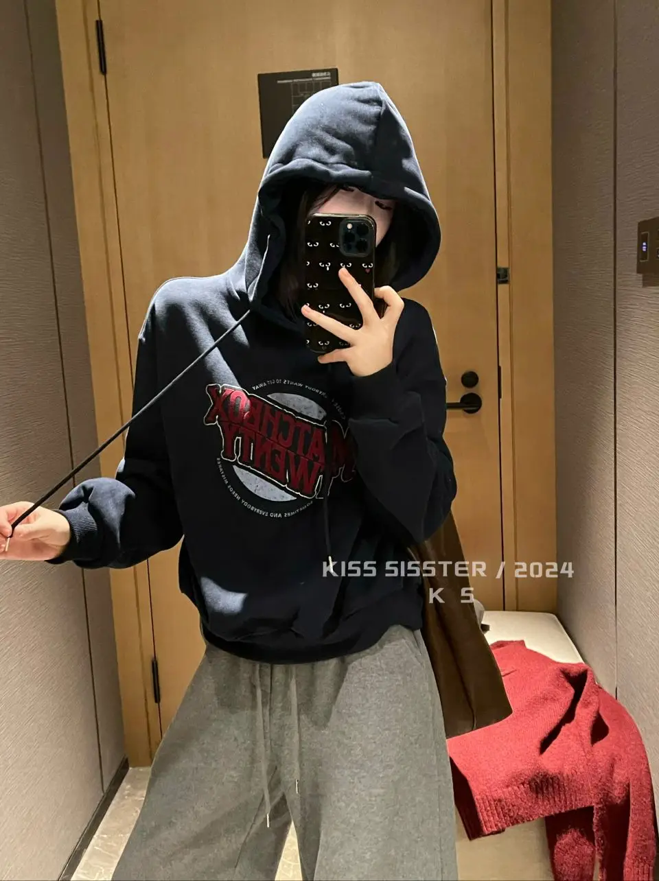 KISS SISTER Korean Version of Everything Now Casual Loose Letter Flock Print With Fleece Hoodie 24A9815