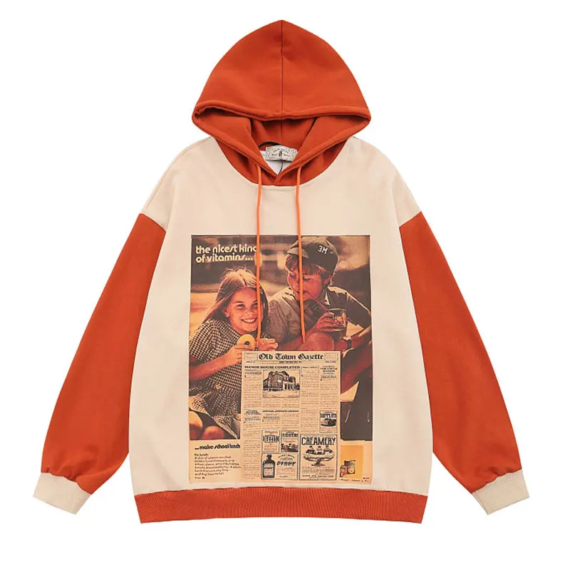 Digital direct print hoodie jumper custom fashion cotton hoodie for men and women off shoulder red orange rope coat