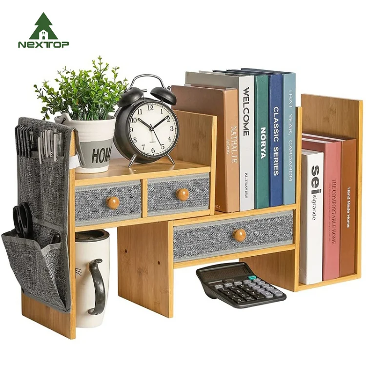 Expandable Bookcase  Desktop Storage Organizer Display Shelf Office Adjustable Bamboo Bookshelf With Drawers