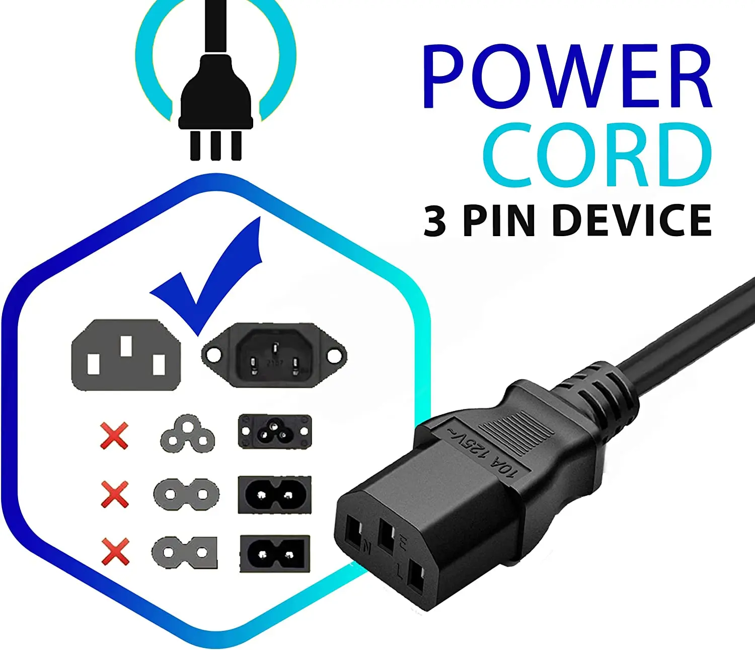 Power Cord Compatible Samsung TV Speaker 6ft 3 Prong Universal Power Cable Replacement