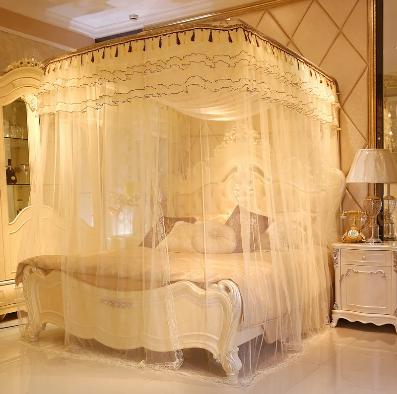 Embroidery Lace Pleated Luxury Mosquito Tent Mesh Square Romantic Princess Queen Size Double Bed Net Canopy Mosquito Net for Bed