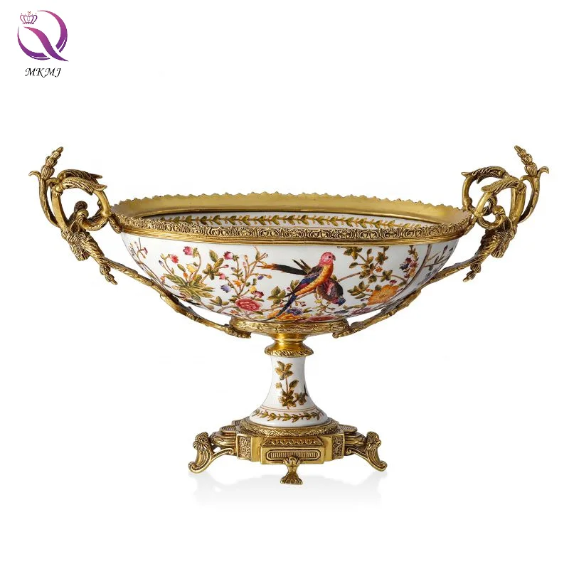 High-end Decorative Tray Golden Metal Ceramic Fruit Plate Light Luxury Antique Home Decoration Brass Porcelain Fruit Bowl