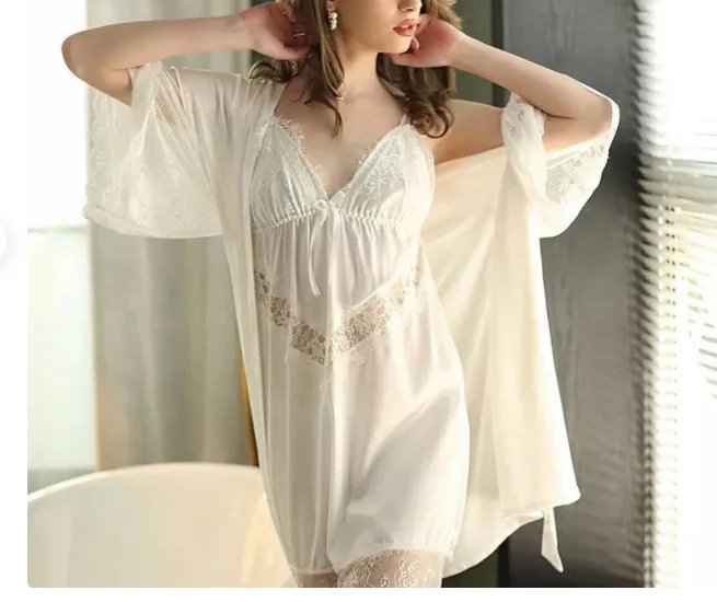 2022 Wedding Lace Peignoir Bridal Robe and Sexy Kimono Robe Set Satin Nightgown Robe 2- Piece Set