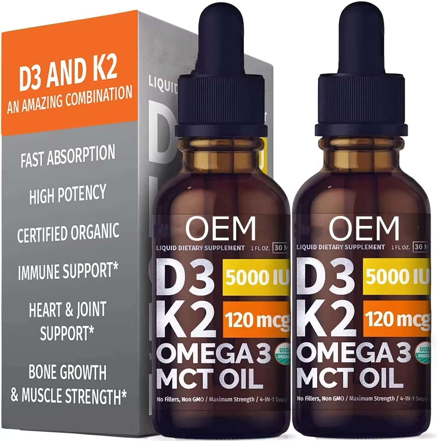 OEM 100 natural Organic Vitamin d3 k2 Drops MCT Oil Omeg 3 5000 IU, Maximum Strength for Faster Absorption & Immune Support
