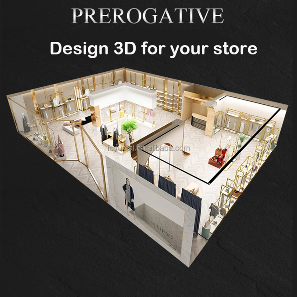 Custom Boutique Gold Wall Rack Nesting Table Shelving Garment Display Rack Clothing Store Furniture