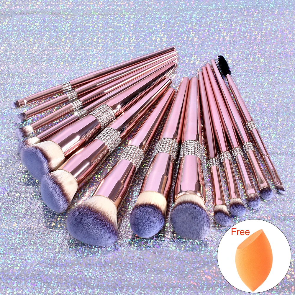 2022 Free Sample Rose Gold Makeup Brushes Crystal Handle Glitter Custom Logo Foundation Make Up Brushes Private label Brush Set