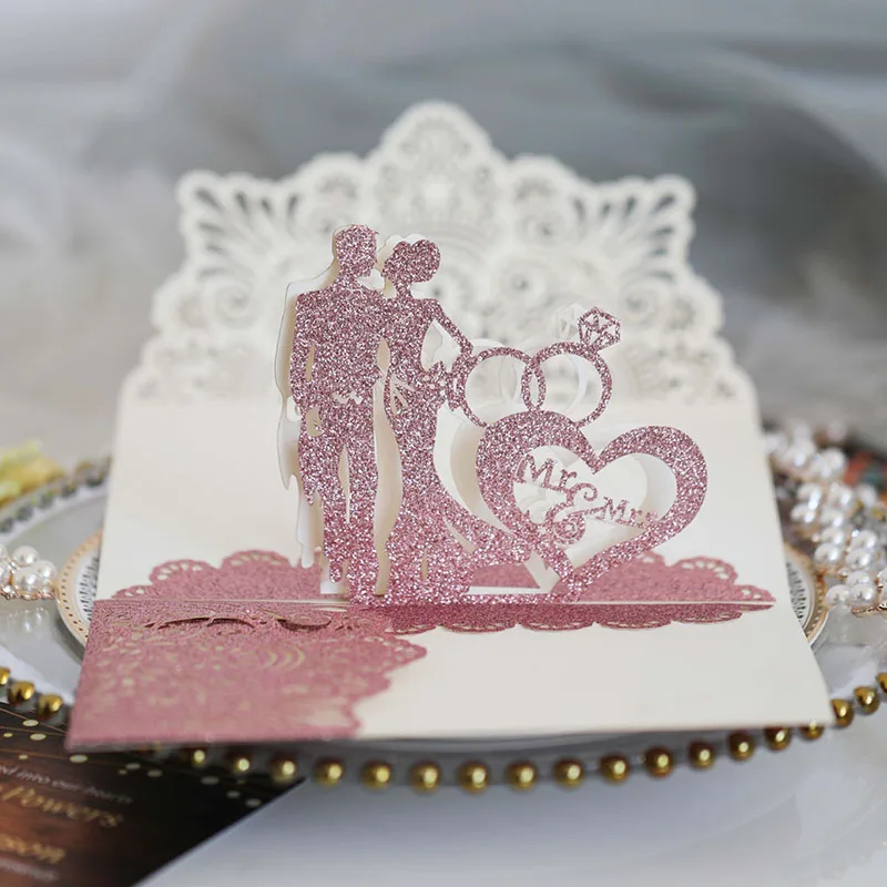 Hollow Bride Groom Glitter Invitations Luxury Wedding Cards With RSVP Cards