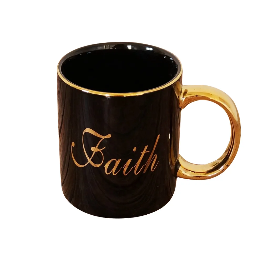 Wholesale Black Glaze Ceramic Coffee Mug With Golden Faith