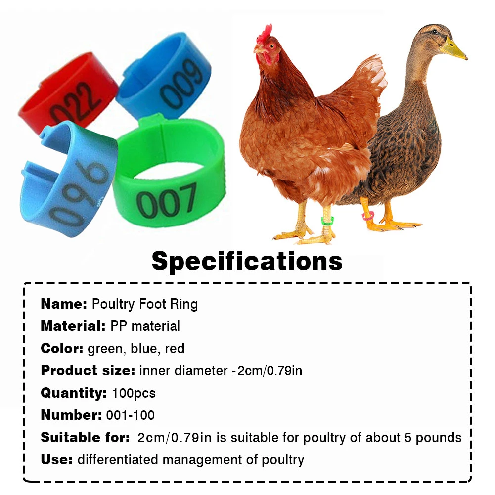 
2020 100pcs/lot Chicken Leg Rings Poultry Ankle Bands Number Tag Markers for Birds Gamefowl Turkey Duck 