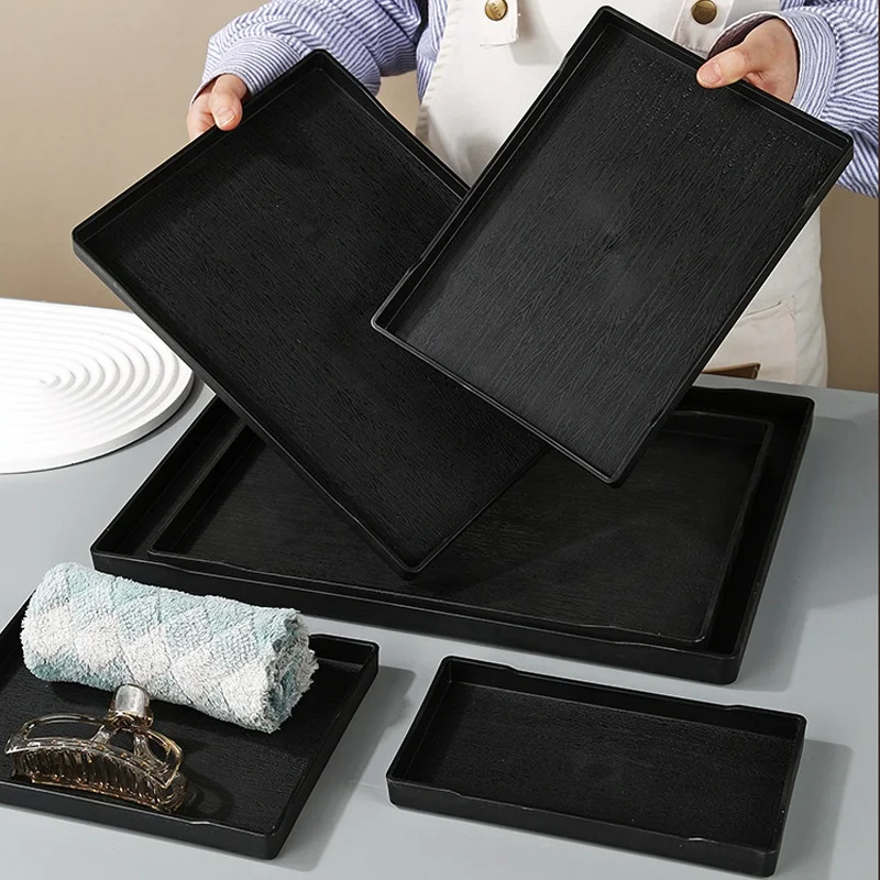 Black Square Realistic Wood Grain Kitchen Table Candle Holder Coffee Table Snack Plate Decor Butler Ottoman Plastic Serving Tray