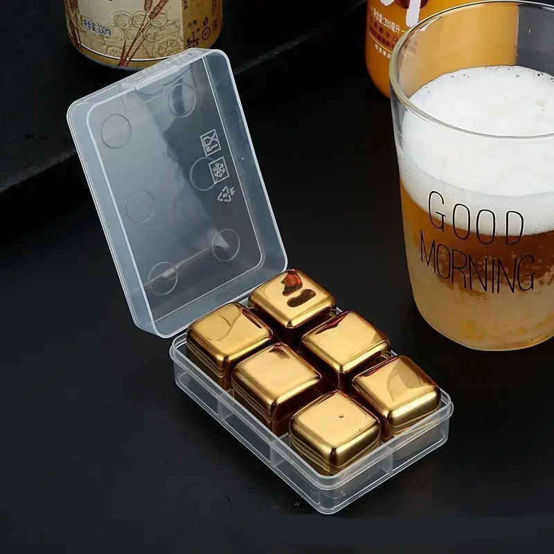 Gold Mini Customized Diamond Ice Cube Whiskey Stainless Steel Reusable Chilling Wine Stone with Tongs And Storage Box