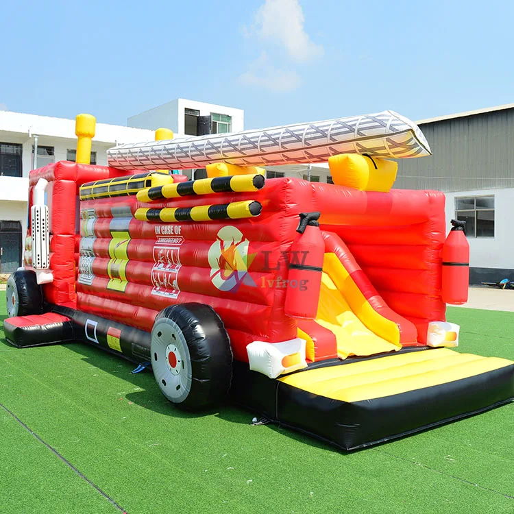 Factory sale Inflatable bouncer firetruck obstacle 3 in 1 game fire truck bounce house with slide commercial