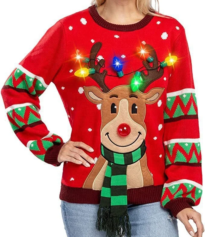 New Arrival Christmas Xmas Jumper Factory Custom Women Adult Jacquard Deer Music Ugly Christmas Sweater Jumper With Led Lights