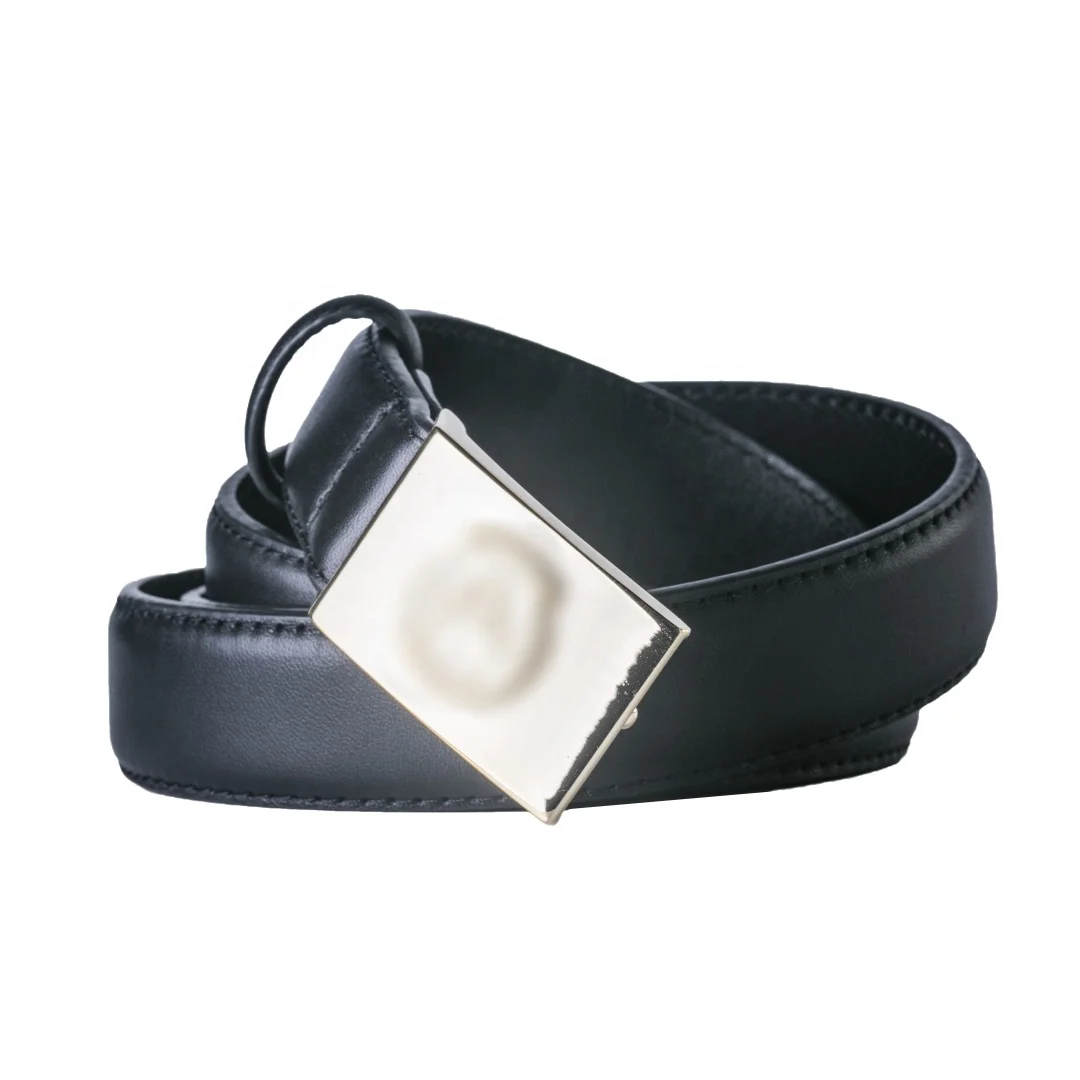 Men Office Business Inner Belt Black Genuine Cow Leather Metal Buckle