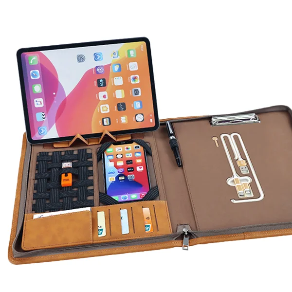 Custom Multifunction high quality A4 business office planner agenda organizer pu leather zippered portfolio with power bank
